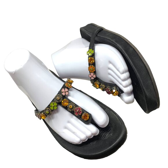 Albano Black Satin Leather Bejeweled Toe Post‎ Sandals - Picture 10 of 11